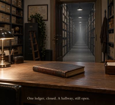 Closed ledger in a room before an endless unlit corridor