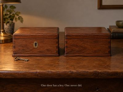 Two matching boxes: one has a keyhole, one has none