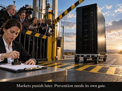 A server cabinet crosses a checkpoint gate; the crowd is stuck behind it