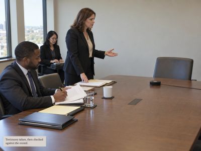Attorney questioning empty chair with speaker, deposition