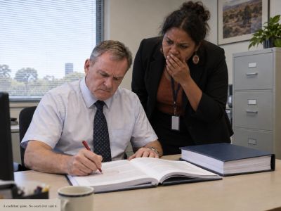 Officials reviewing report, one circling a fabricated quote