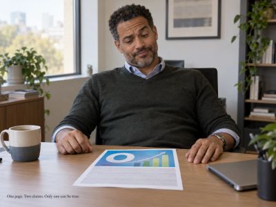 Man reading brochure with bold score and small fine print