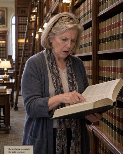 Librarian tracing a legal code section, puzzled expression