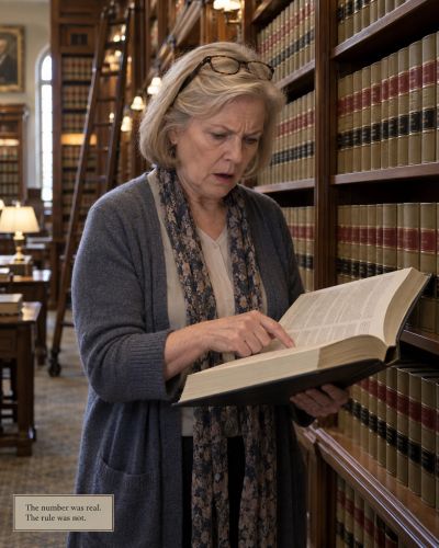 Librarian tracing a legal code section, puzzled expression