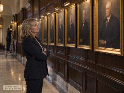 Woman studying a hallway of nearly identical portraits