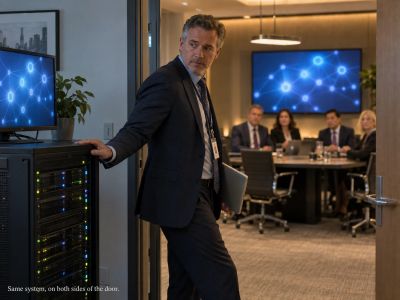 Man pausing between server rack and client meeting room