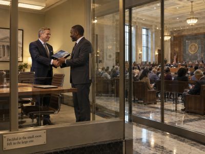 Lobbyist and aide shaking hands, public hearing room behind