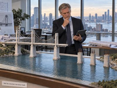Engineer studying bridge model with three unfinished pillars