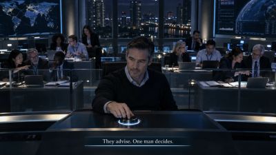 Man alone at control panel; advisors behind glass below him.