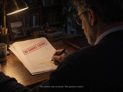 Man's shoulder and hand over a stamped 'no source found' page.