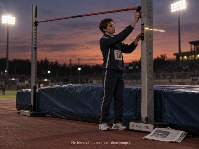 Athlete lowers his own high-jump bar before attempting the jump.