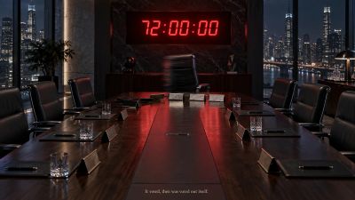 "Boardroom nameplates swapped beneath a 72-hour countdown clock.
