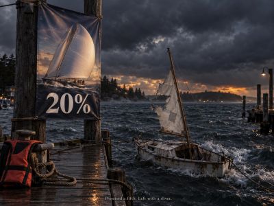 Tiny torn sail beneath a banner promising a full one.