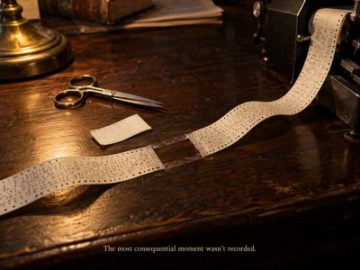 A stenographer's tape cut and taped back with a gap.