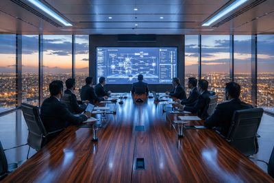 Executives in boardroom viewing AI diagram on large screen