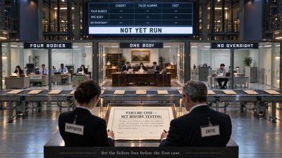 Test hall, three rooms, case files, scoreboard, failure line