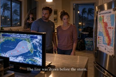 Family, kitchen, hurricane forecast cone, evacuation zone map