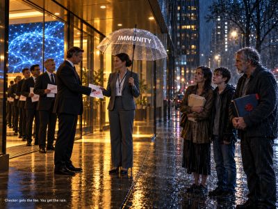 AI verifier stays dry under immunity umbrella; family in rain