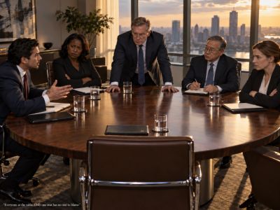 Five executives at a table with an empty seat marked AI