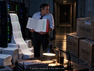 AI server, fake PASS workpaper, sealed test kits, auditor
