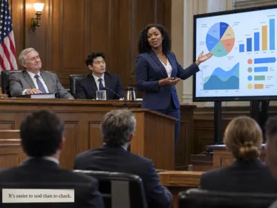 Regulator with unopened binder nodding at confident presenter