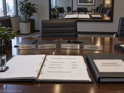 Four role nameplates, one pen and glasses in front of all."