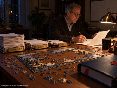 Unfinished puzzle and evidence trays on an AI auditor’s desk