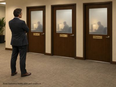 Man facing three doors labeled Builds, Tests, Certifies