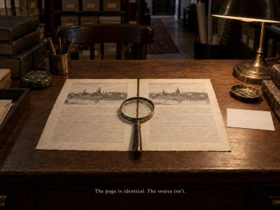 Two identical pages, magnifying glass finding no difference