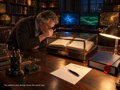 Author inspects his own sealed model act with three AI screens