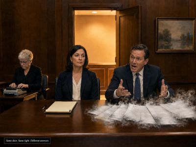 "AI deposition room, two witnesses, documents, court reporter