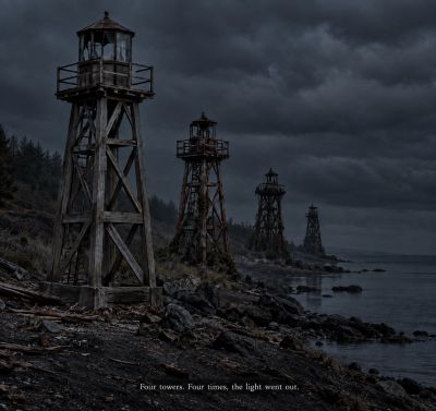 Four abandoned watchtowers with dark beacons along a shoreline