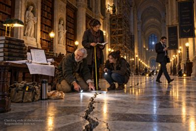 Floor crack, three generations, measuring tape, scaffolding