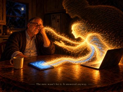 Older man, laptop, figure of gold words, blue note, tablet