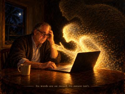 Oil painting, older man, laptop, figure made of glowing text
