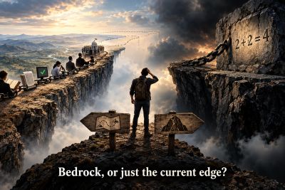 Hiker, chasm, chain of checkers, signposts, 2+2=4 rock