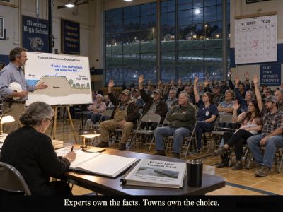 Town meeting, engineer, levee chart, raised hands, clerk