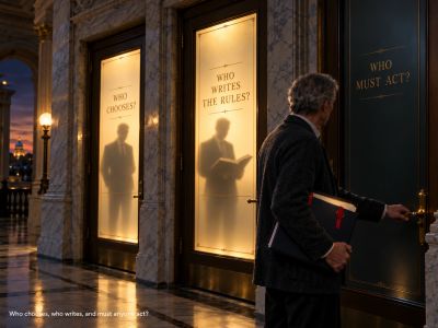 Three doors posing AI audit questions as an auditor looks on