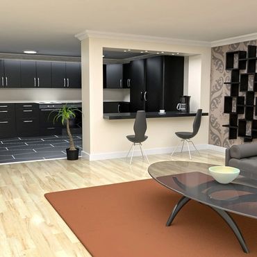 Modern living room with adjacent kitchen, featuring black cabinetry and stylish furniture.