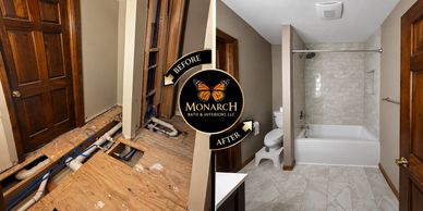 Before and after images of a bathroom remodel.