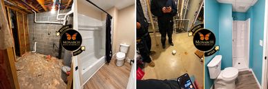 Before and after photos of remodeled bathrooms and basements.