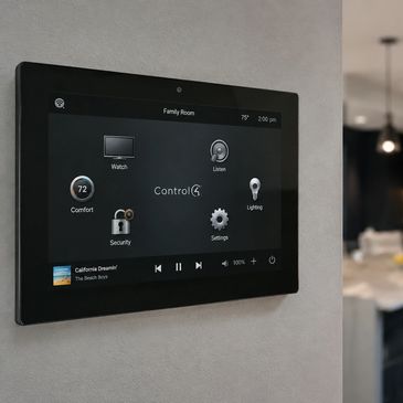 Smart home control panel on a wall.