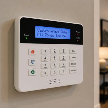 Home security system keypad showing "System Armed Away" message.