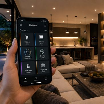 Smart home control app in modern living room.