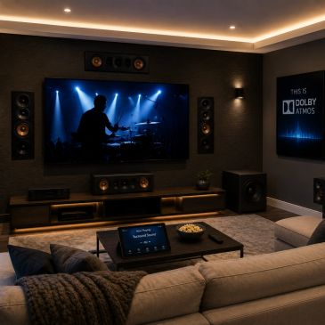 Modern home theater with Dolby Atmos setup and cozy seating.