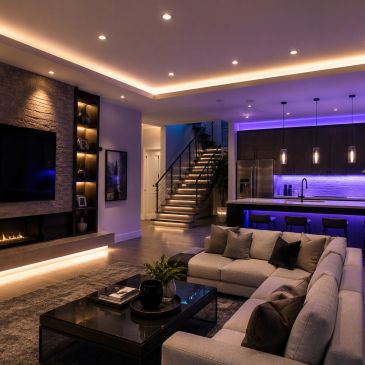 Modern living room and kitchen with ambient lighting and sleek design.