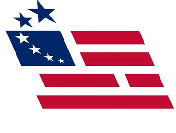 Stylized American flag with stars and stripes in red and blue.