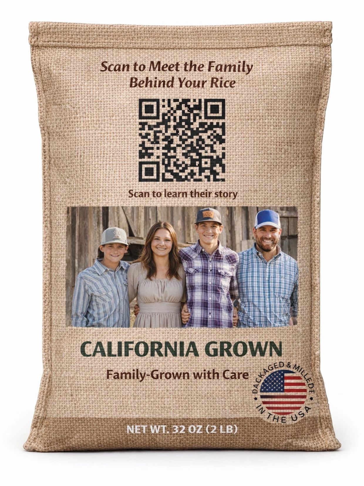 California-grown rice bag featuring a family photo and QR code.