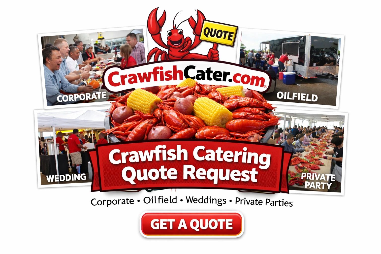 Crawfish catering service offers quotes for corporate, oilfield, wedding, and private parties.