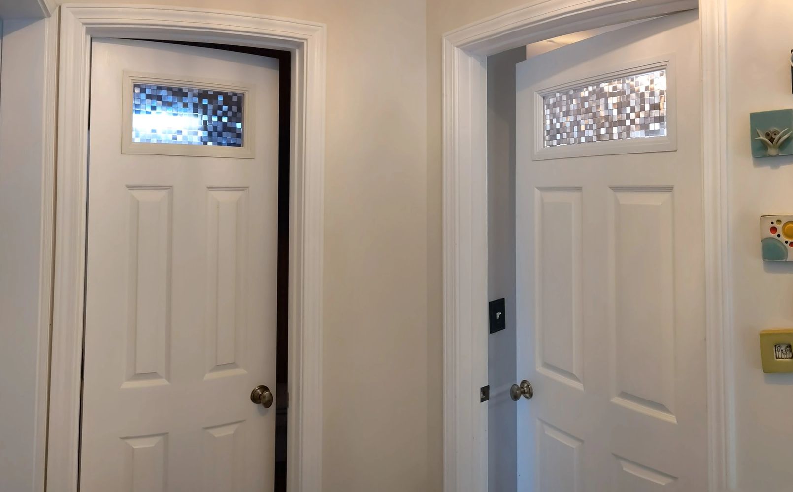 Powder room door (24") and office door (30") with Mosaic privacy film.